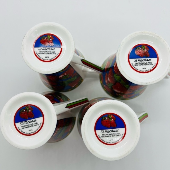 St Michael Strawberry Patterned Mugs - Set of 4 Bone China Made in the UK - Picture 9 of 14
